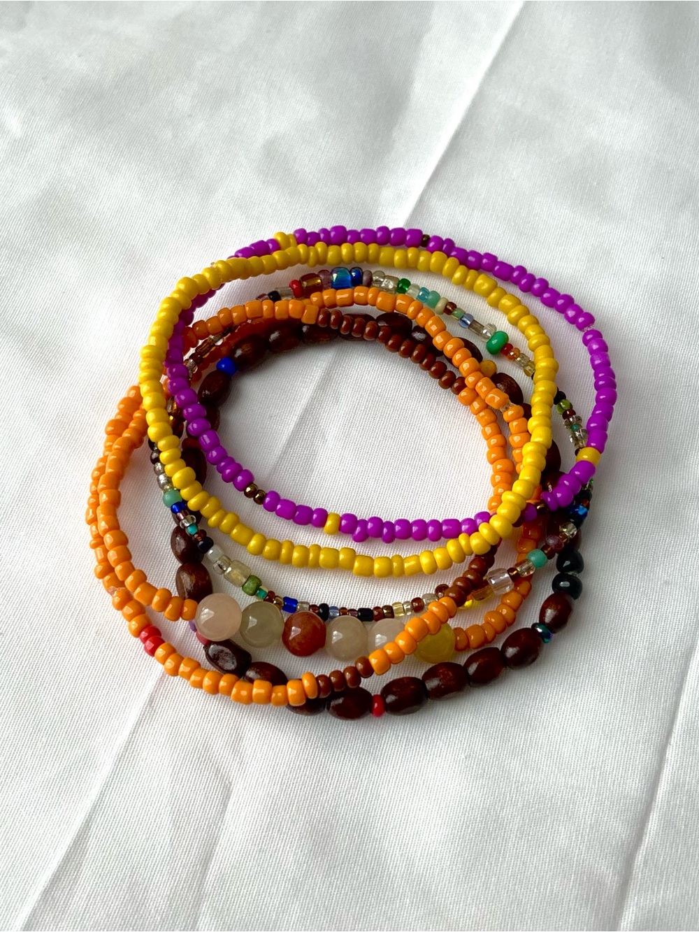 Six Multicolor Beaded Bracelet Set - Yellow, Orange, Purple